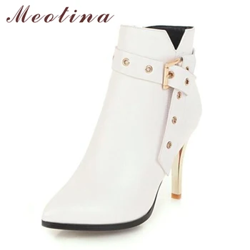 

Meotina Winter Shoes Women Ankle Boots Thin High Heel Boots Rivets Buckle Short Boots Quality Shoes Red White Plus Size 33-43