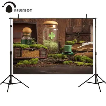 

Allenjoy photography backdrop Saint Patrick's Day wooden table moss bottle shamrocks background photocall photo shoot fabric