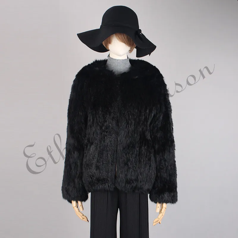 

Ethel Anderson Rabbit Knitting Fur Coat Lady Fashion Thick Jacket Hooded Vtg Big Coats Solid Long Sleeve V-Neck Pockets Cardigan