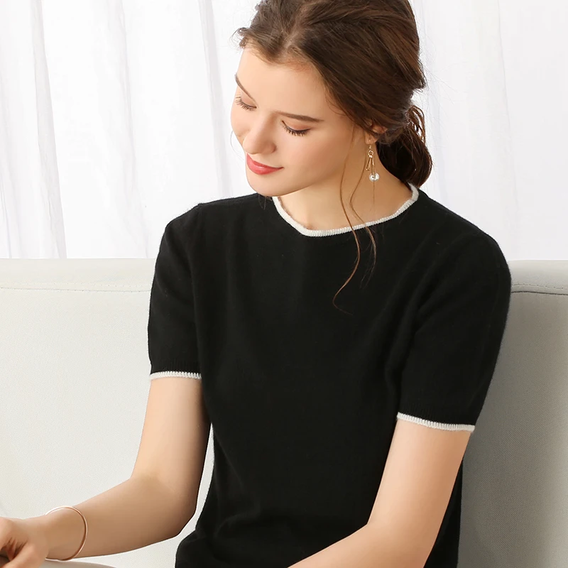 

Women summer knitting T-shirts with white edge short sleeves O-neck solid 35% real Cashmere sweater fashion ladies Tops