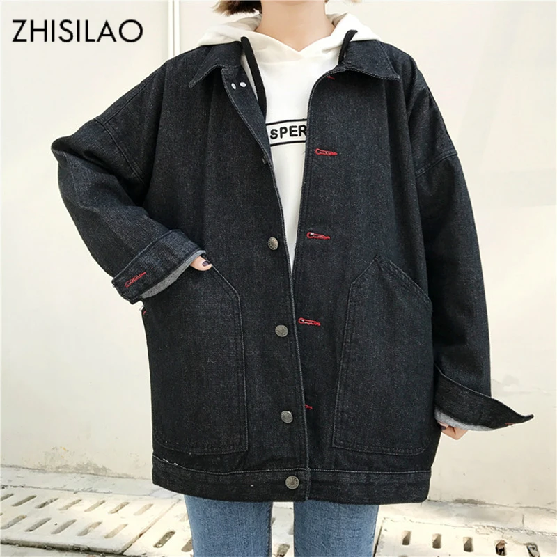 

ZHISILAO 2018 Spring Ulzzang Chic Woman Denim Jacket Harajuku Normcore Woman Coat Oversized Bomber Jacket Long Black Jacket