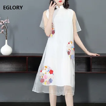 

White Pink Dress 2019 Spring Summer High Quality Dress Women Organza Silk Embroidery Mid-Calf Vintage Party Event Dress Tunic