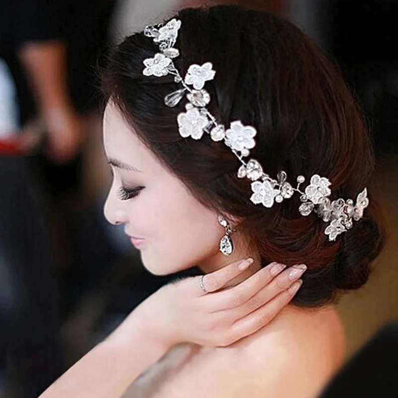

White Lace Flower Tiara Rhinestone Headband With Pearl Crystal Crown Hair Clips Wedding Hair Accessories Bride Women's Ornaments