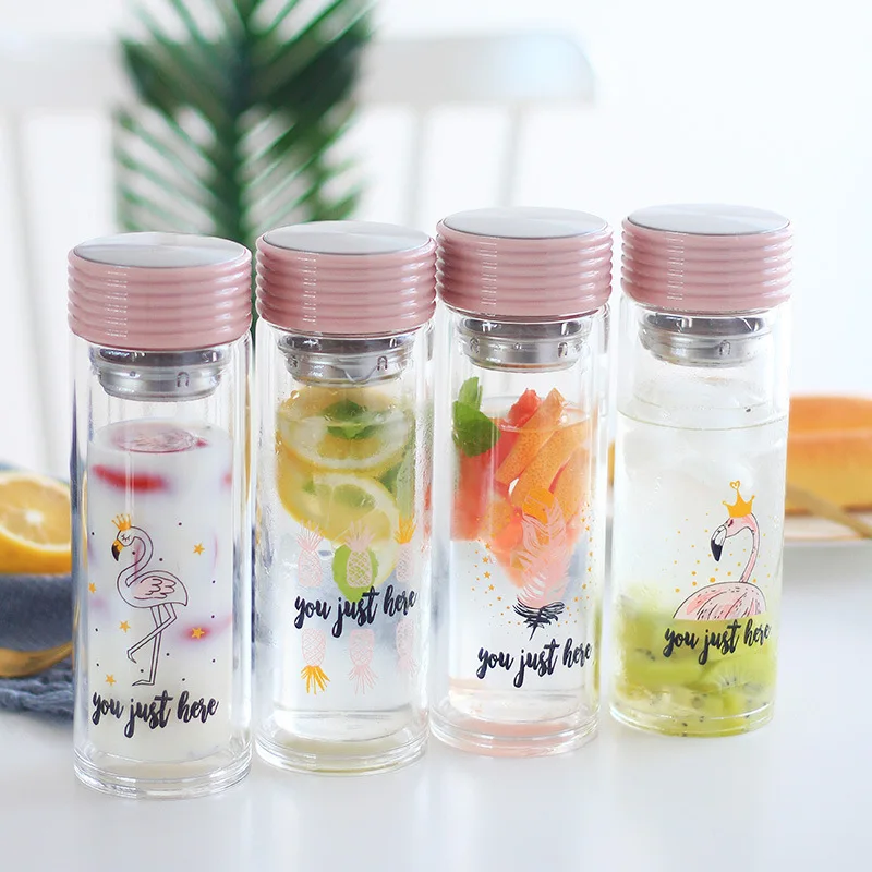 

Pink girl heart double glass water bottle milk cute portable heat-resistant tea outdoor sports students creative