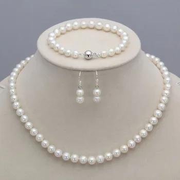 

Genuine 8-9mm Natural White Akoya Cultured Pearl Necklace Bracelet Earrings Set