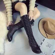 Женские сапоги martin до колена на шнуровке спереди; Зимние теплые плюшевые высокие сапоги-гладиаторы; женская обувь на толстом каблуке и платформе; sapatos feminino