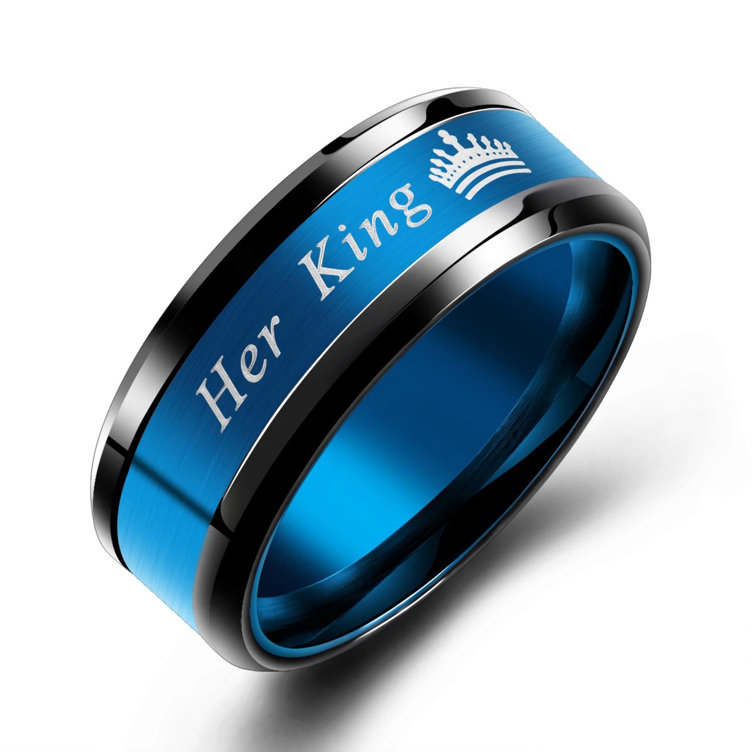 buy Blue Punk Her King Crown Rings for Men Korean Stainless Steel Letter Statement Ring with Black Strips Men Accessories 2019