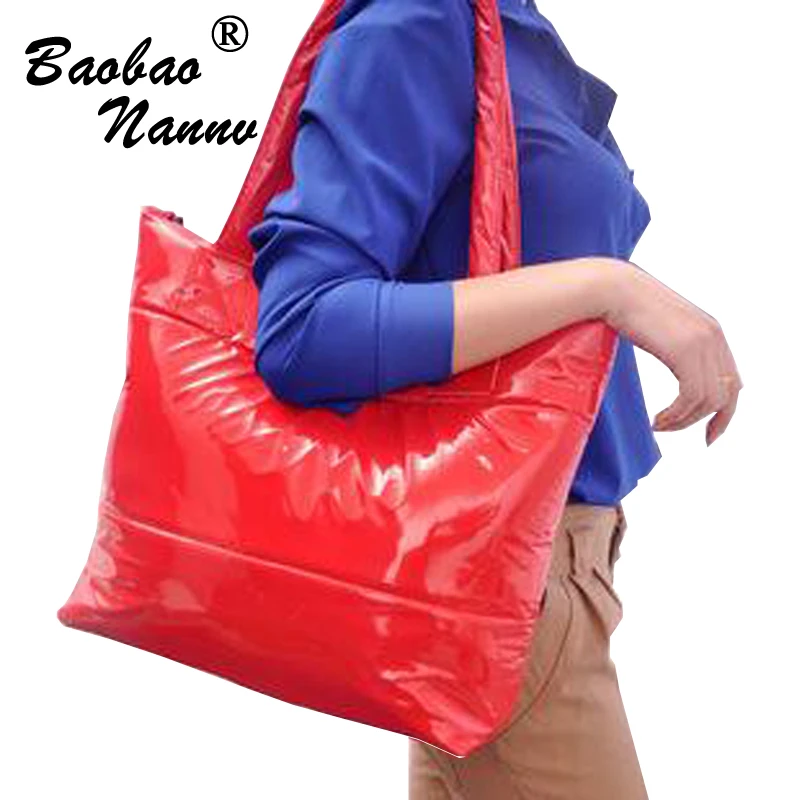 

New 2019 Fashion Women Handbag Space Cotton Soft Casual Bags Patent Feather Down Shoulder Bag Women Lady Small Messenger Bags