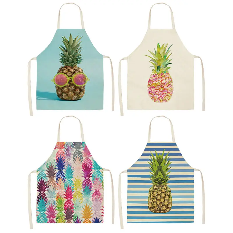 

1Pcs 53*65cm Cotton Linen Pineapple Printed Cleaning Aprons Sleeveless Home Cooking Kitchen Apron Cook Wear Adult Bibs WQ0007