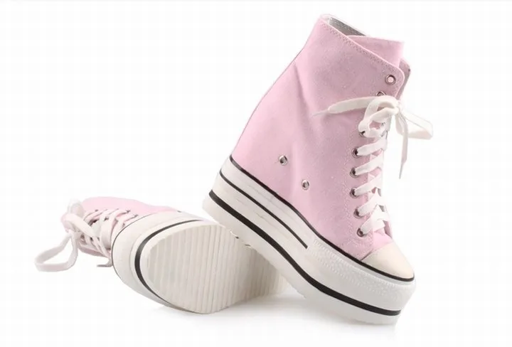 Cyabmoz/Модная женская пикантная обувь на высоком каблуке и платформе; обувь на танкетке; высокие парусиновые женские туфли на шнуровке, визуально увеличивающие рост; Tenis feminino - Цвет: pink