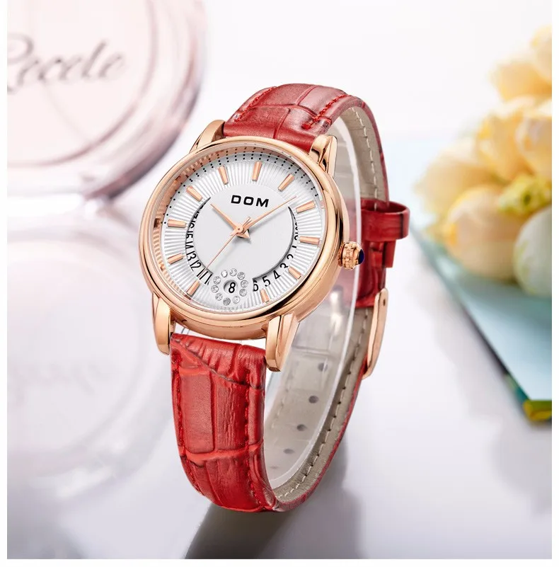 DOM Модные женские повседневные часы, роскошные брендовые часы с кожаным ремешком, женские кварцевые часы с цветами, женские наручные часы, G-1698