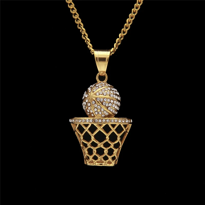 HipHop Iced Out Bling Full Rhinestone Basketball Pendants Necklace Men
