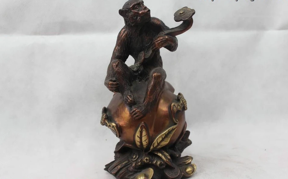 

10"Chinese Fengshui Folk Copper Zodiac Year Ruyi Monkey Sit peach Statue