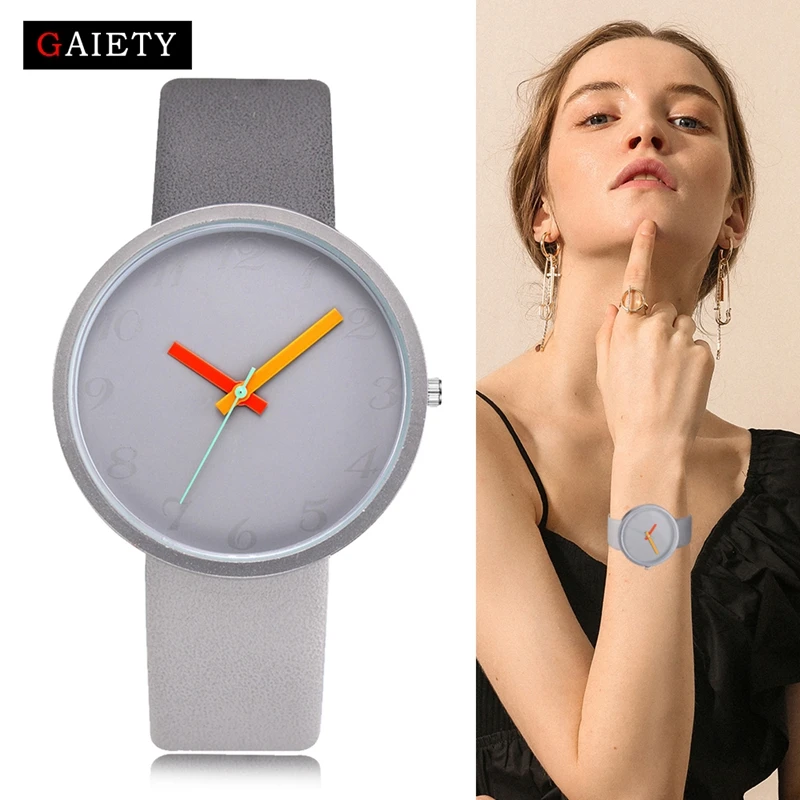 Women Watch Gray Contrast Leather Quartz Watch Women Watches Lovers...
