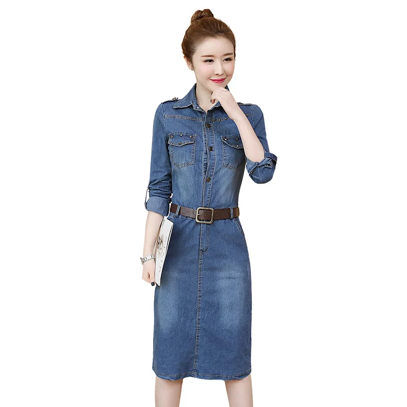 Full sleeve denim blue dress,long dress turn down collar jean dress