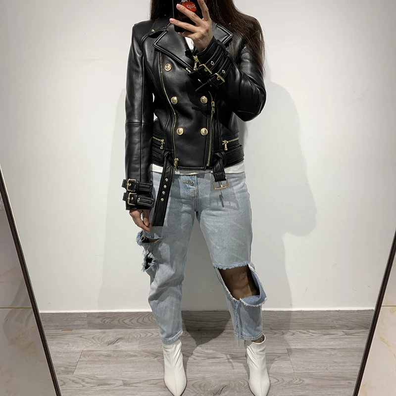 

women real leather jacket ladies zipper black genunie leather jacket