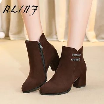 

RLINF Fashion Beaded Matte Spring and Autumn Boots British Knight Thick with Heel Boots