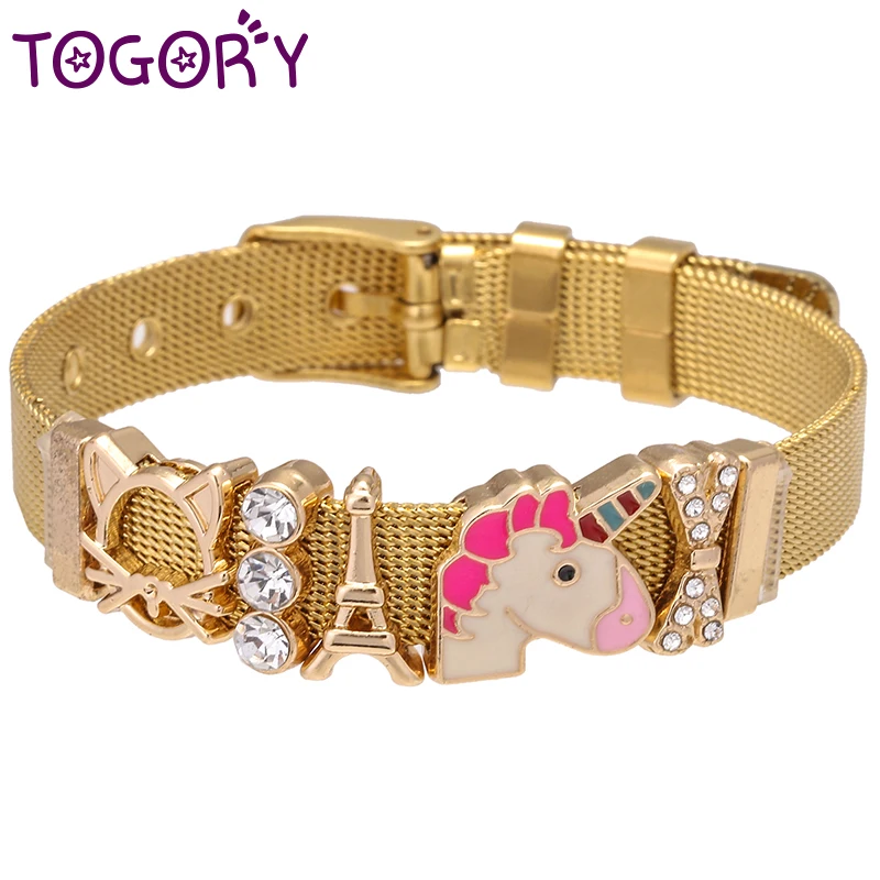 

TOGORY Jewelry Keeper Stainless Steel Charm Mesh Bracelet with Unicorn Bowknot Slide Fine Wrap Bracelet Bangle For Women Gift