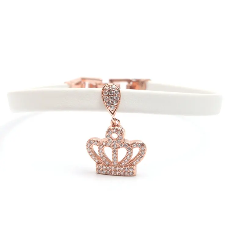 Rose Gold Micro Pave Clear CZ Пирсинг Корона Шарм струнный 8*1 мм кожаный шнур сложить над застежкой браслет ювелирные изделия около 8 дюймов - Окраска металла: Rose Gold