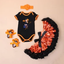 Комплект из 4 предметов, платье на Хэллоуин для маленьких девочек атласные юбки повязка на голову оранжевая обувь летучая мышь для детей от 0 до 24 месяцев
