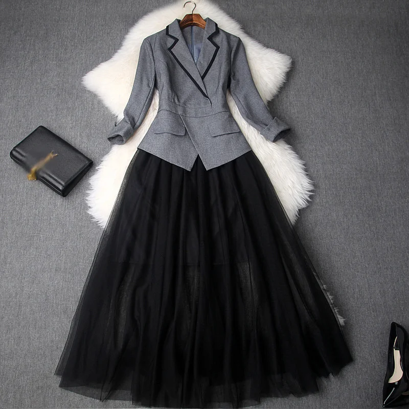 

2019 Autumn Winter Women False Two Pieces Dress OL Color Block Blazer Mesh Patchwork Big Hem Elegant Long Dresses Jc3009