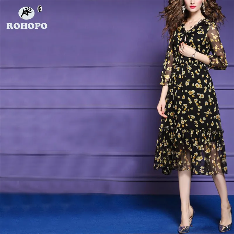 

ROHOPO Autumn Vintage Chiffon Long Sleeve Midi Dress Ruffles Lantern Long Sleeve Runway Dress Ladies High Low Vestido #OYK9646