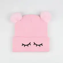  Baby Winter Warm Knit Hat Cap Double Pompom Solid Warm Caps Kids Boy Girls Lovely Embroidery Eye Furry Balls Beanie 