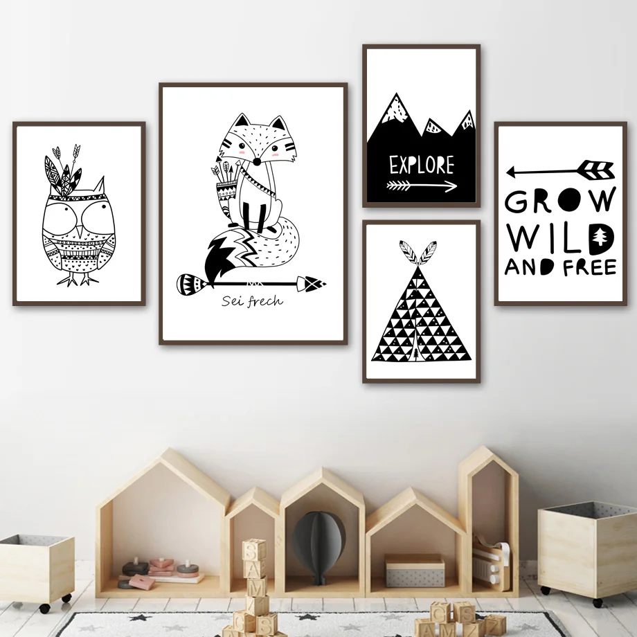Черно-белые милые индийские лисички Совы палатки горные скандинавские плакаты и принты настенные художественные картины на холсте настенные картины декор детской комнаты