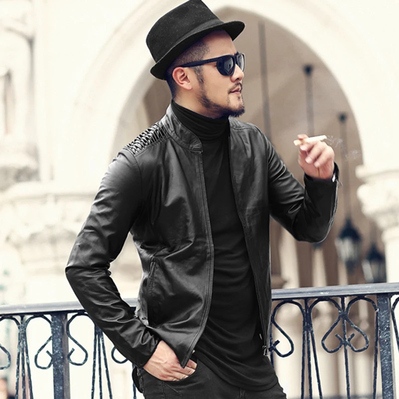 New winter men layer of sheepskin short slim Motorcycle