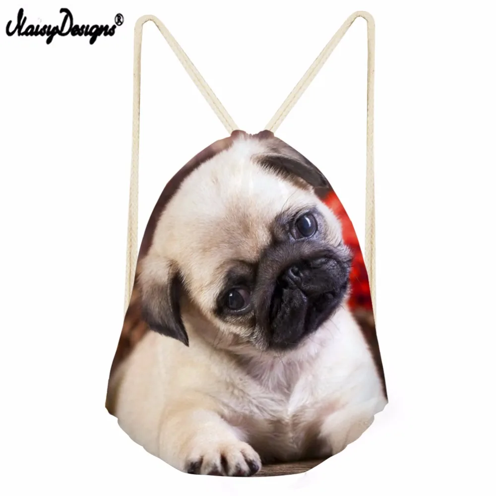 

New Vintage Puppy Pug Print Drawstring Bag for Women Cute Kids Travel Storage Rucksack Girls Bagpack Sack Pack Mochila Polyester
