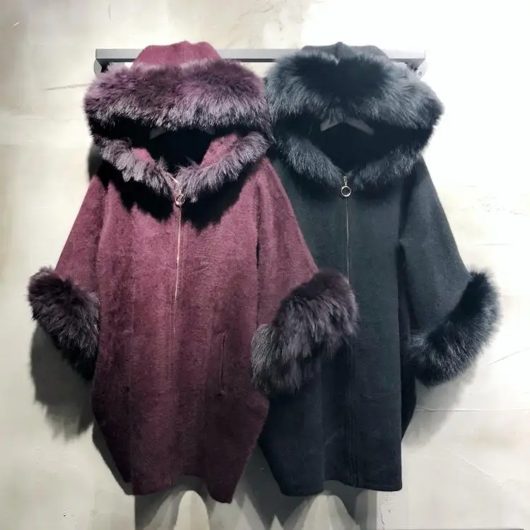 Женский вязаный норковый кашемировый свитер с большим рукавом из лисьего меха с капюшоном из лисьего меха, Дамская мода, пальто с рукавом летучая мышь на молнии