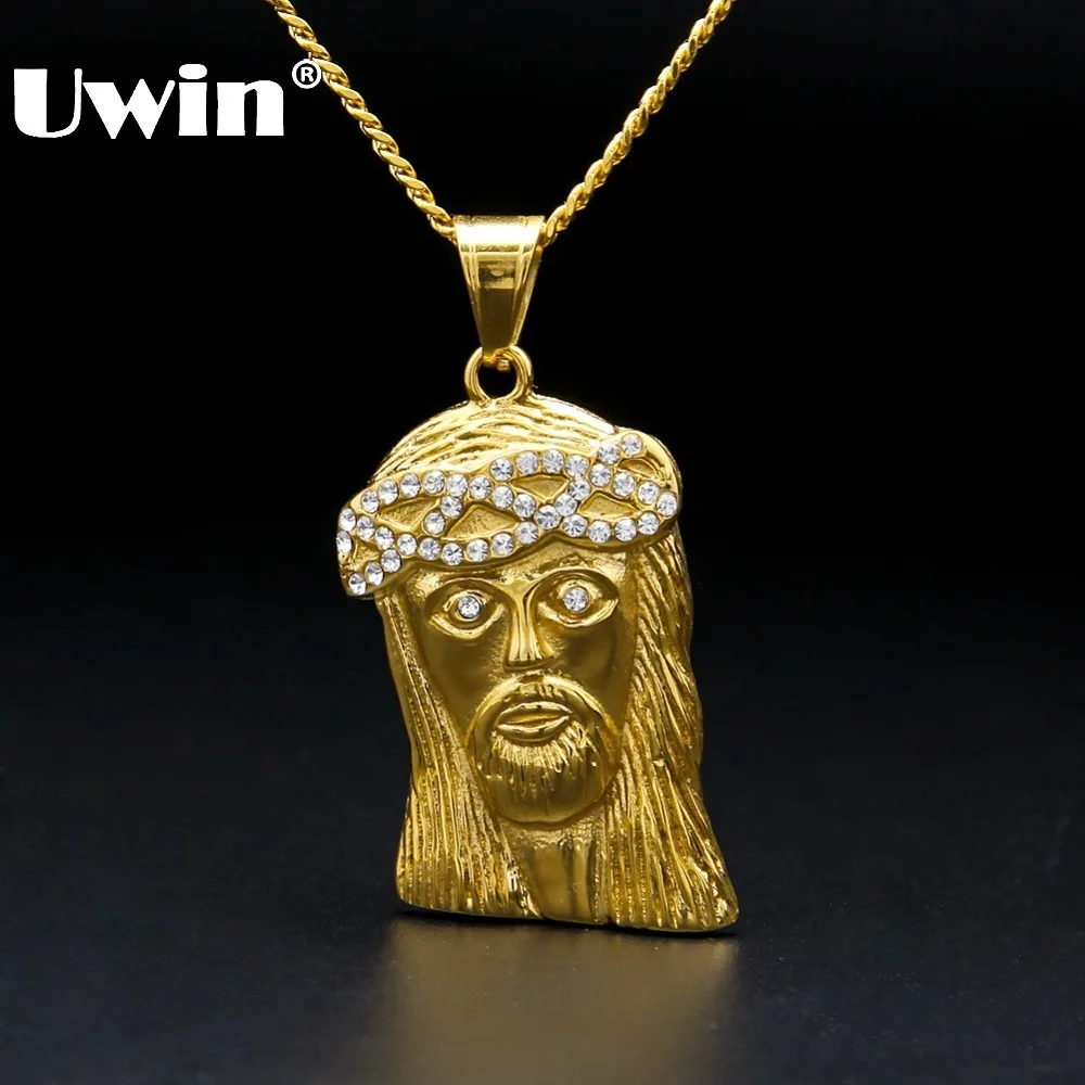 

4 Size Gold Color Iced Out Lab cz Stone Mini Micro Jesus Piece Charm Stainless Steel Cuban Chain Necklace For Men And Women