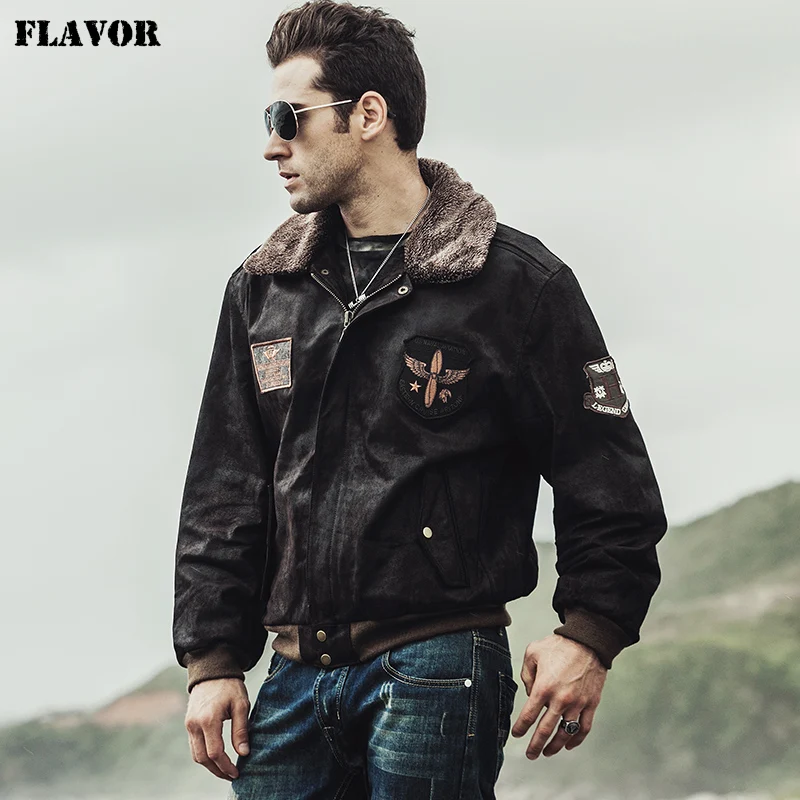 Kожаная куртка мужская пилот FLAVOR, темно-коричневая теплая лётная куртка из натуральной кожи, кожаный бомбер, на зиму