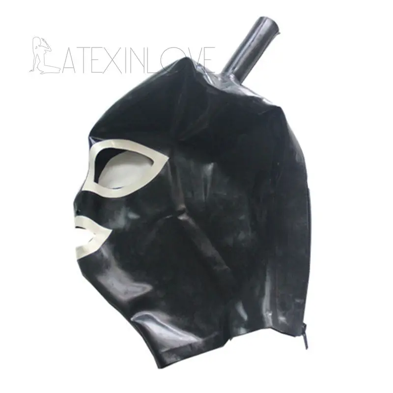 One-Ponytail-Hole-Sexy-Black-Latex-Hood-Mask-Fetish-Rubber-Mask-Open-White-Eyes-Mouth -1