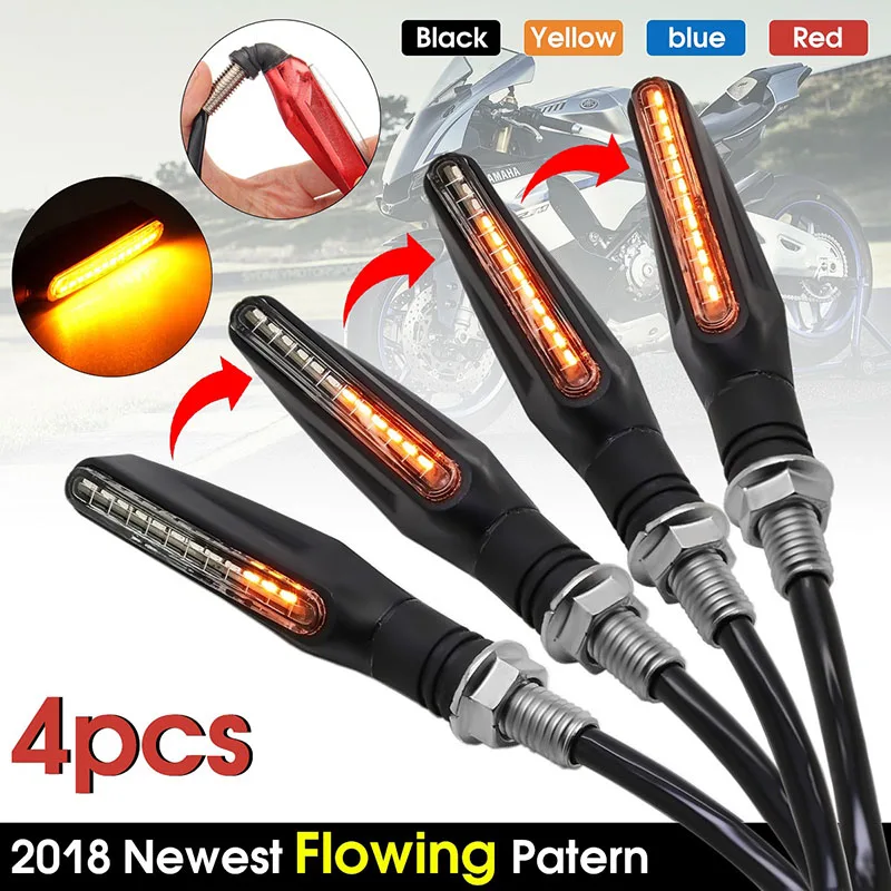 

4pcs Flexible Bendable Motorcycle Universal Flowing Water Flicker Turn Signal Indicator Amber Blinker Lamps License Plate Light