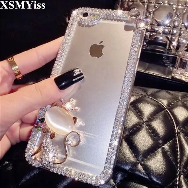 For iPhone 5C 5S 6 6S 7 8 Plus X Cute Fox Bling Rhinestones Diamond Chain Glitter Phone Case Soft Rubber Transparent Back Cover