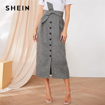 

SHEIN Button Front Pleat Detail Belted Skirts Womens Summer Autumn High Waist Straight Solid Office Lady Elegant Long Skirt