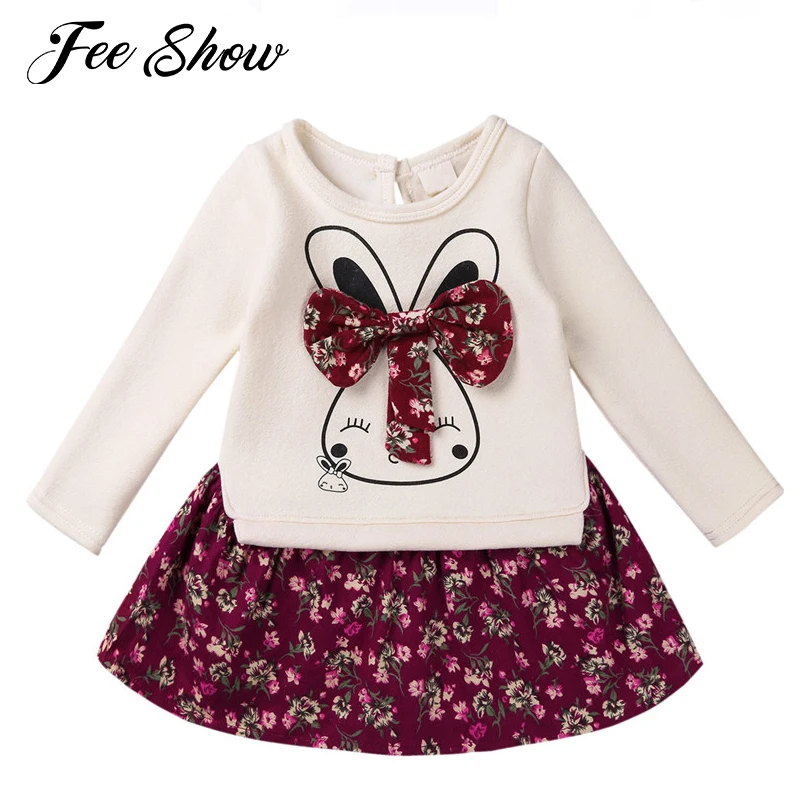 

2018 Fashion Kids Girls Cute Rabbit and Flower Girl Dress Printed Long Sleeve Autumn Winter Princess Splice Dress SZ 12 Months-6