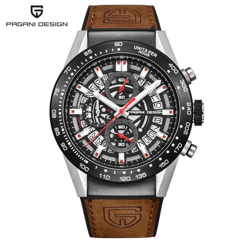 Мужские часы Новые PAGANI Дизайн Роскошные брендовые многофункциональные спортивные кварцевые часы для отдыха кожаные водонепроницаемые часы relogio masculino - Цвет: silver red