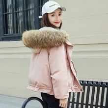 Милый женский пуховик, Корейская версия, свободный, теплый, мех енота, большой меховой воротник, пуховик для женщин, с капюшоном, зимнее пальто
