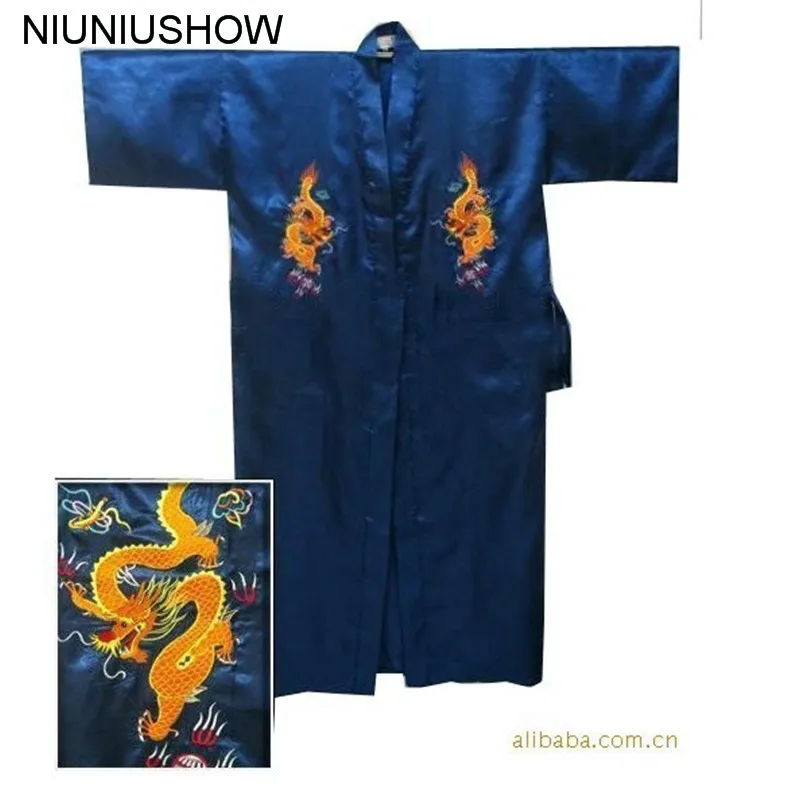 Бесплатная доставка Темно-синие китайский Для мужчин атласный шелковый халат Вышивка кимоно Ванна платье Дракон Размеры размеры s m l xl XXL