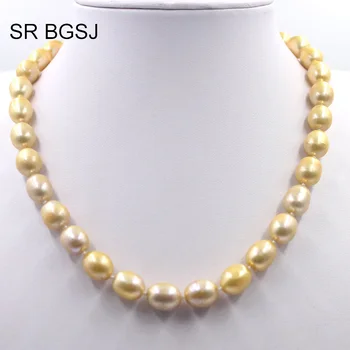 

Free Shipping 10x12mm Nice Gold Olivary Cultured Pearl Choker Statement Necklace 18"