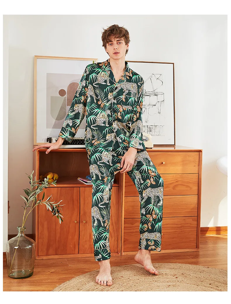 Шелковистая Мужская пижама для сна рубашка брюки костюм Мужская пижама из искусственного шелка комплекты повседневная домашняя ночная рубашка халат L XL XXL