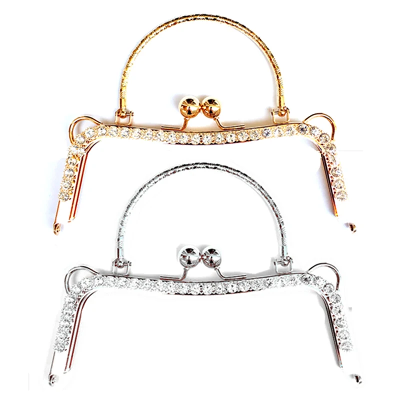 

10Pcs Clear Rhinestones Ball Heads Rectangle Metal Frame Kiss Clasp Lock Bag Purse Handbag Handle Part 20cm