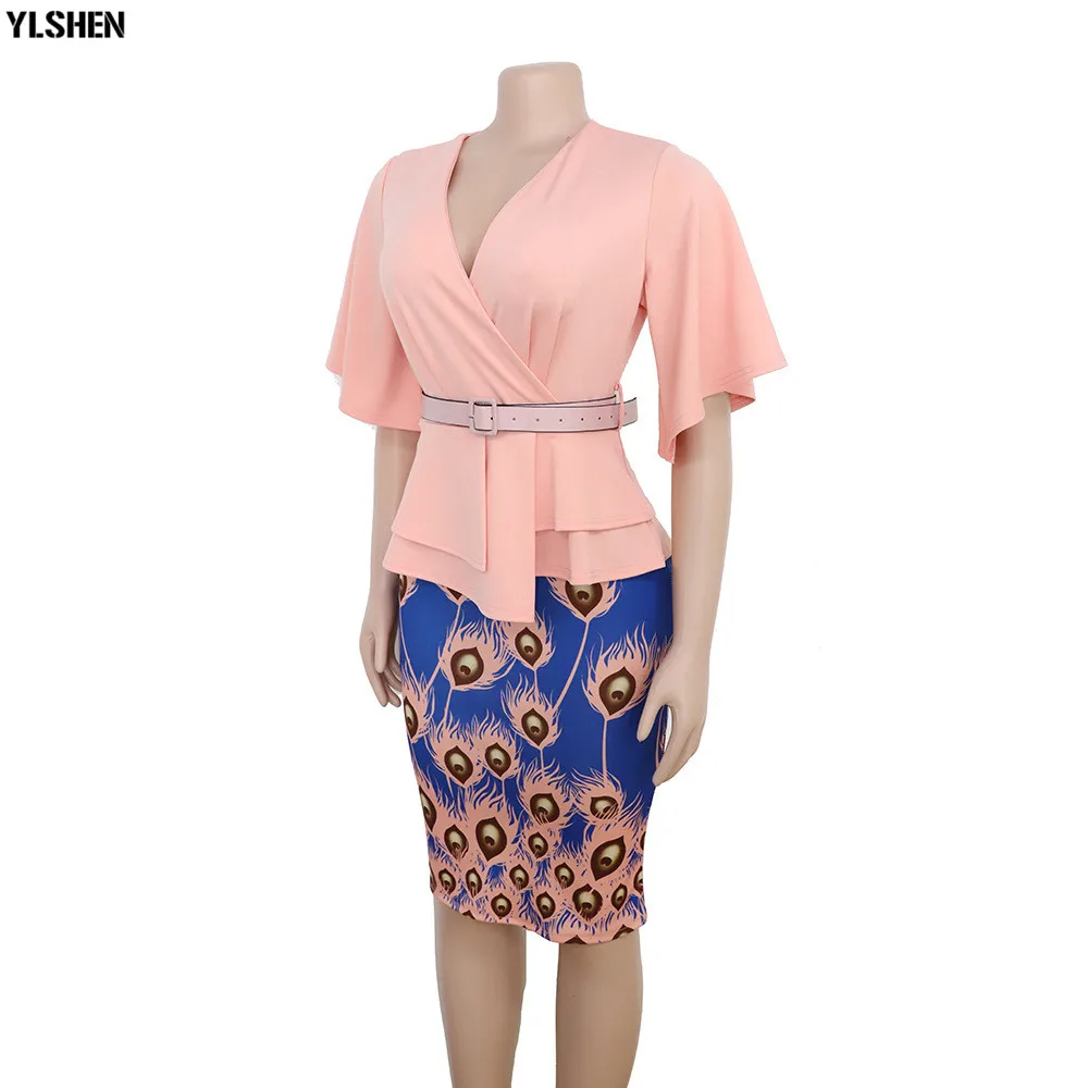 African Dresses for Women Dashiki African Clothes Fake 2PC Set Print Patchwork Bazin Riche Sexy Slim Office Elegant Africa Dress 05