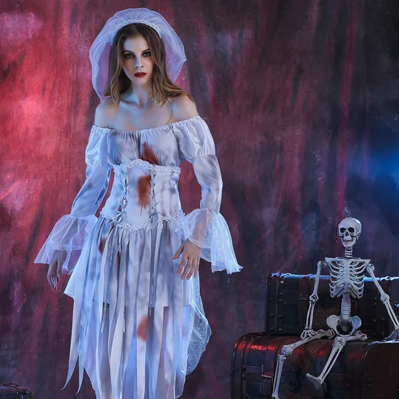 New Bloody Woman Zombie Walking Dead Scary Cosplay Halloween Corpse Bride Costumes Carnival Purim Parade Masquerade Party Dress