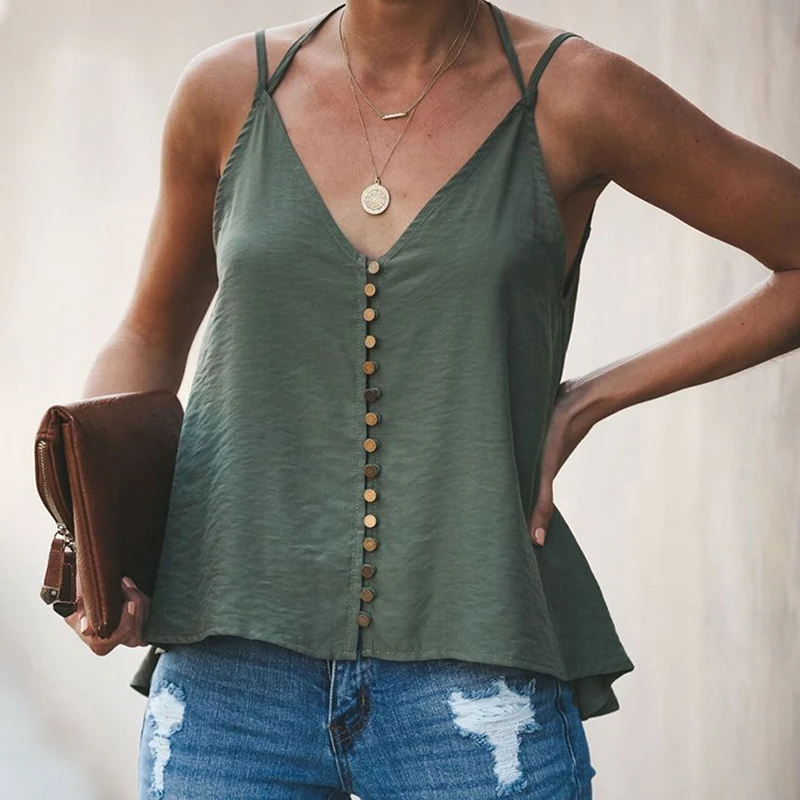 

Womens Summer V-neck Camis Sleeveless Button Shirt Blouse Casual Tank Tops Backless Solid Color Sleeveless Tees
