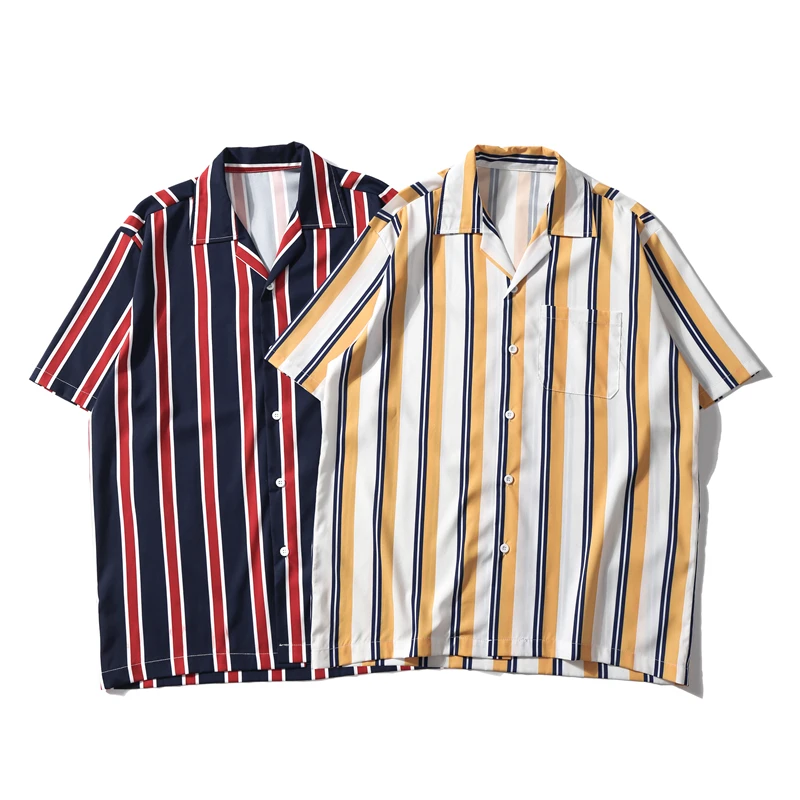 2019 مخطط قمصان للرجال السراويل كم المطبوعة هاواي الصيف الشاطئ قمصان الأزياء المتناثرة عارضة الكورية المحملة قميص أوم