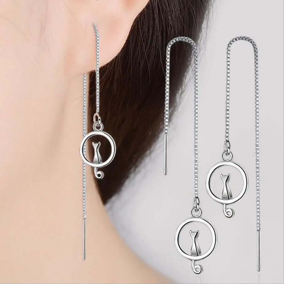 

Art Fresh And Lovely Cat On The Moon Pendant 925 Sterling Silver Tassel Earrings Line Long Earrings Women Gift VES6673