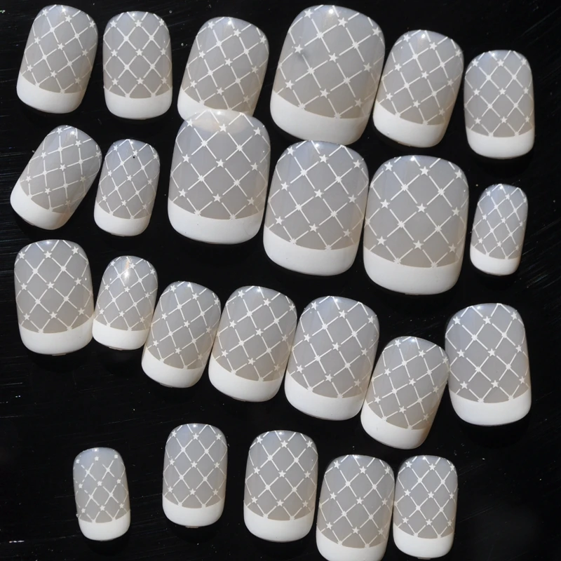 

White French Acrylic Nails Beige Stars Net Decoration False Nails 24pcs kit with Double Side Glue Sticker Short Z316